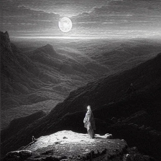 Image similar to A wanderer on a mountain, montaintop, georgeous view, distant forest, distant city, distant glow, night, moon, dramatic light, Chiaroscuro, long shadows, dark, masterpiece, high detail, detailed, illustration by Paul Gustave Doré