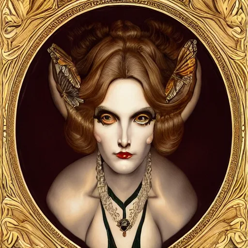 Image similar to frontal portrait of a woman with two pairs of eyes, intricate, elegant, highly detailed, ornate, elegant , luxury in the style of Gerald Brom and art nouveau