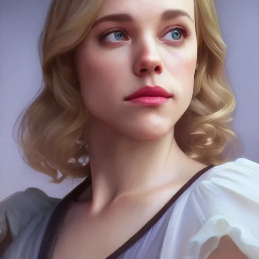 Image similar to Young blonde Rachel McAdams with thin lips, highly detailed, digital painting, artstation, concept art, smooth, sharp focus, illustration, ArtStation, art by artgerm and greg rutkowski and alphonse mucha and J. C. Leyendecker and Edmund Blair Leighton and Katsuhiro Otomo and Geof Darrow and Phil hale and Ashley wood and Ilya repin and Charlie Bowater