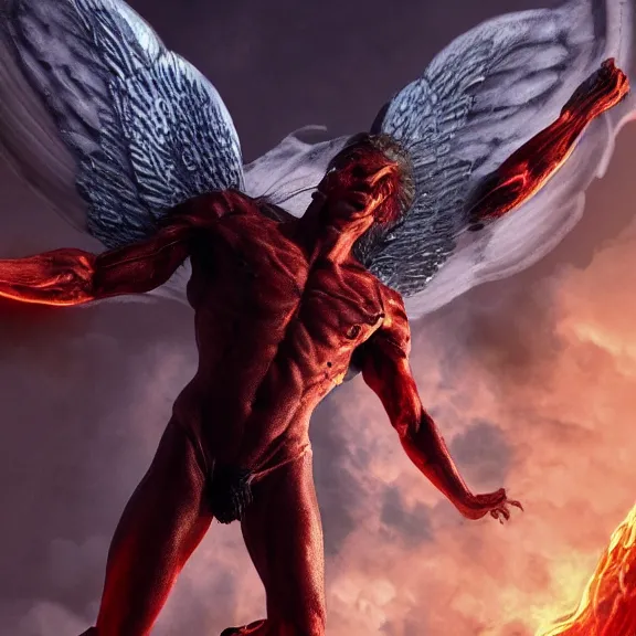 Prompt: cinematic full body shot of a beautiful stunning male angel flying over hell, that's a beautiful stunning male angel, hell is on fire with lava everywhere, elegant pose, flying, detailed arms, streamlined white armor, two arms, two legs, detailed fanart, macro art, realistic digital art, DeviantArt, artstation, 3D realistic, 8k HD, octane render