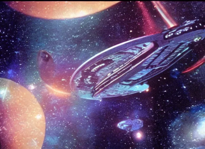 Image similar to a still from a 1 9 8 0 s sci - fi tv programme, star trek tng, deep space nine, star trek voyager, babylon 5, vhs distortion