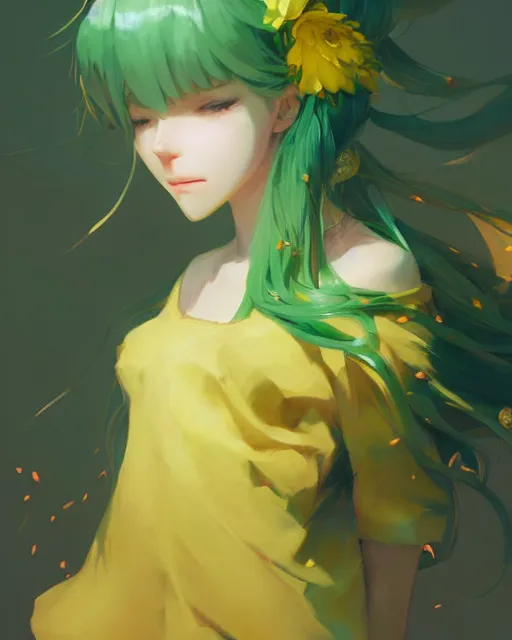 Prompt: girl with green hair and yellow clothing, flower decoration on the background, a beautiful half body illustration, top lighting, perfect shadow, soft painting, art by hidari and krenz cushart and wenjun lin