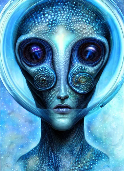 Prompt: biopunk alien portrait by julie bell, fish skin, intricate biopunk patterns, ethereal hair, mesmerizing blue eyes, glass bubble helmet, escaping air bubbles, underwater, detailed!, very sharp!!!