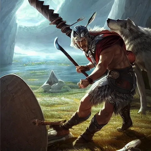 Prompt: The asgardian one-eyed god Odin using a spear to fight the gray wolf Giant Wolf Fenrir in Ragnarök, majestic, high-detail, realism, painting by Andreas_Rocha,