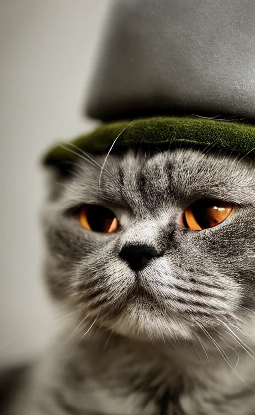 Prompt: portrait photo of scottish fold cat wearing a military hat, pure grey fur, highly detailed, high resolution, realistic photo, stunning, girls frontline style, bokeh soft, 1 0 0 mm, trending on instagram, by professional photographer, soldier clothing, shot with a canon, low saturation