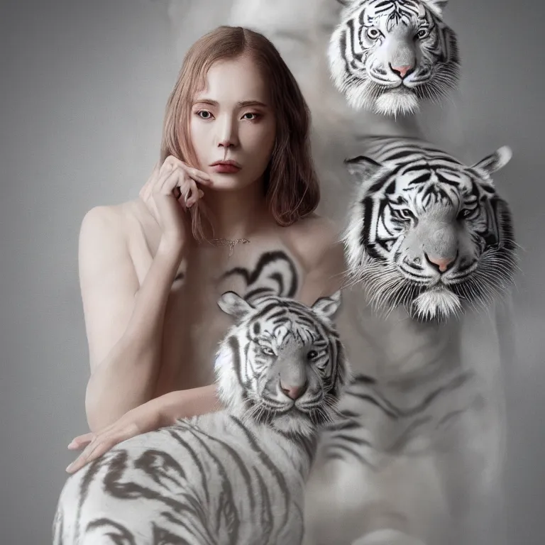 Image similar to hight focus of a wonderful realistic focused sweet wonderful symmetrical mid portrait of a lonely woman with a detailed majestic, large, semi transparent cream cotton dress who is wrestling with a realistic white tiger, dramatic light, octane render - 8 k