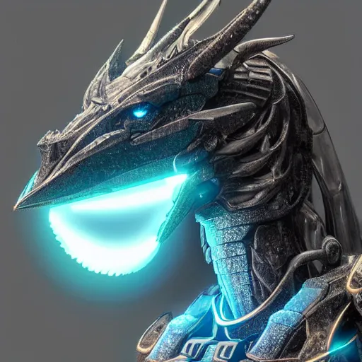 Image similar to stunning bust of a beautiful majestic anthropomorphic humanoid robot mecha female dragon, with smooth and streamlined armor, standing and posing elegantly, well detailed dragon head with epic LED eyes and a warm maw, sharp and dangerous sleek design, two arms, two legs, long tail, beautiful digital art, artstation, DeviantArt, FurAffinity, professional, depth of field, close-up, hd, octane render, sunset lighting