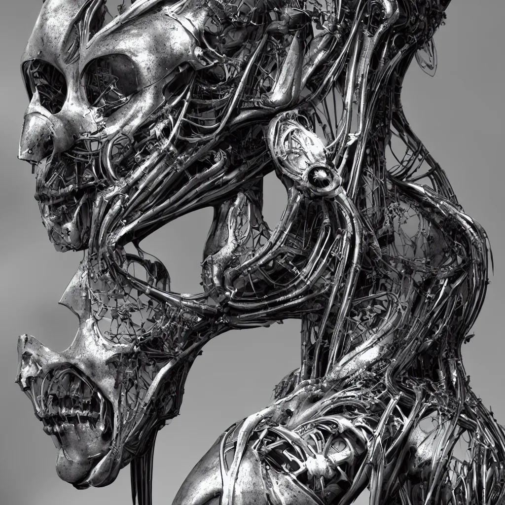 Image similar to a beautiful female is infected with a biomechanical suit, octane render, hyper realistic, art by hr giger, full profile, epic angle