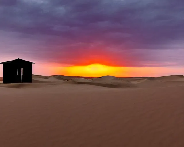 Prompt: sand dunes, empty abandoned shacks, setting sun, black, purple, and red