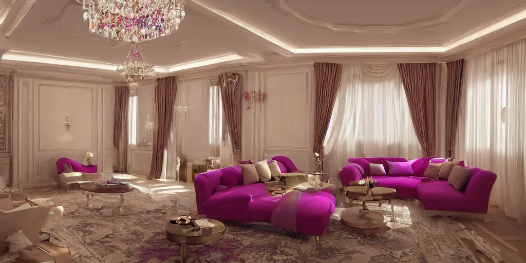 Prompt: colourful minimalistic royal interior design living room, big open floor, 3 d render v - ray photo realistic, 8 k