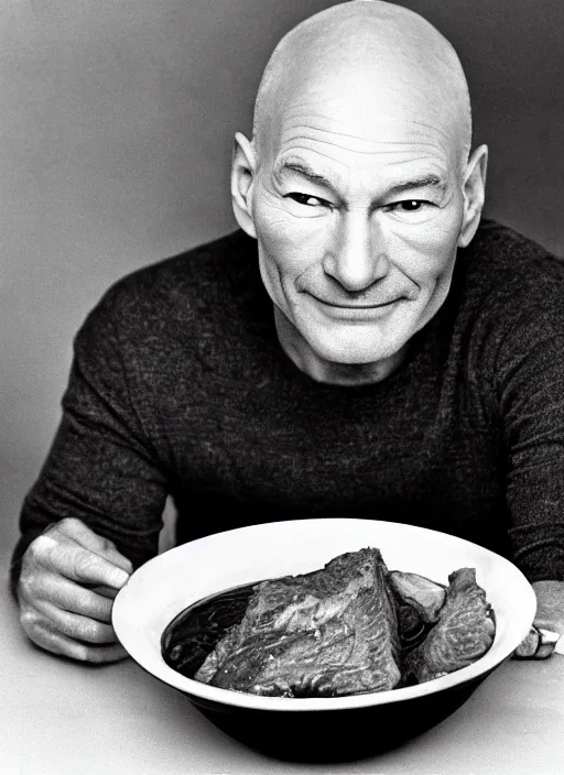 Prompt: patrick stewart's head half submerged in a bowl of beef stew