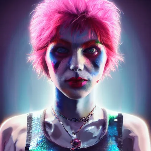 Prompt: punk women portrait made out of paint, short hair, octane render, highly detailed, realistic, tim burton and bob ross comic book art, matte painting, holographic, trending on artstation, cinematic, splashes of neon, sacred geometry in the background, 2 d