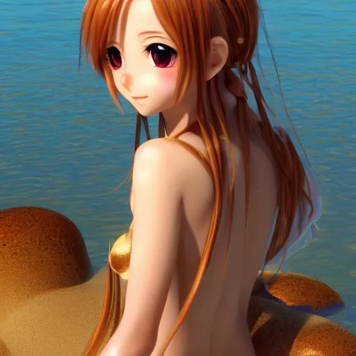 Image similar to nymph render of a very beautiful 3d anime girl, long hair, hazel eyes, cute freckles, full round face, short smile, cute sundress, golden hour, serene beach setting, medium shot, mid-shot, highly detailed, trending on Artstation, Unreal Engine 4k