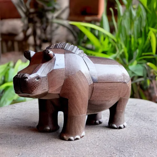 Prompt: small hippo statue, wood blocks bottom hippo body, blue chrome top hippo body, by a genius craftsman, highly detailed, wood block bottom hippo body wood