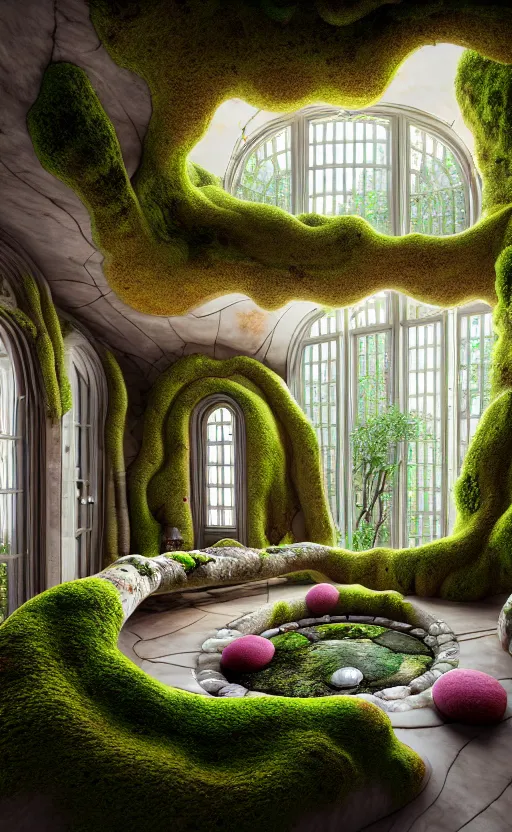 Image similar to highly detailed villa natural beautiful light interior soft cinematic composition of a smooth ceramic porcelain biomorphic magnolia stone nebula fluid sci - fi surreal colorful architecture landscape, furniture, granite, trees, marble, moss, lichen, fungi, vincent callebaut composition, mamou - mani, archviz, 8 k, unreal engine, hdr