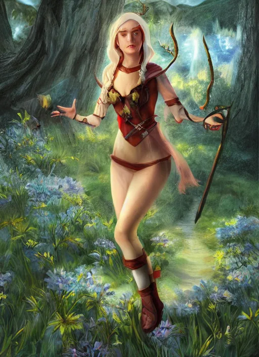 Prompt: A fantasy comic book roleplaying game style portrait painting of Maika Monroe as a elf in a mountain meadow sanctuary, DAZ, hyperrealistic, ambient light, dynamic light