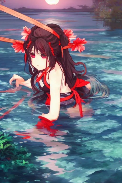 Image similar to hakurei reimu from touhou project floating on the water at night, plants, green and orange theme by krenz cushart and mucha and makoto shinkai and akihito yoshida and greg rutkowski, 4 k resolution