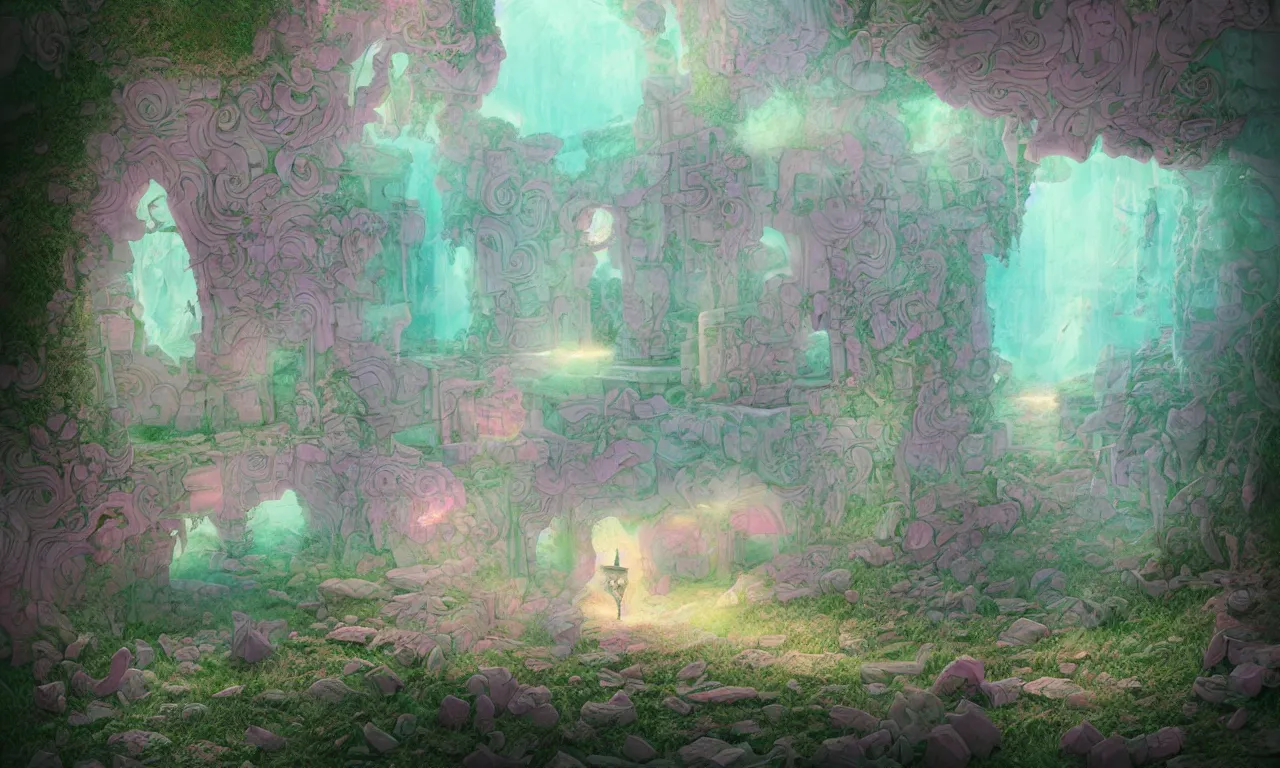 Image similar to kerberos realm, faked ticket, pastel colors, abandoned, ravine, 3 d art, digital illustration, perfect lighting