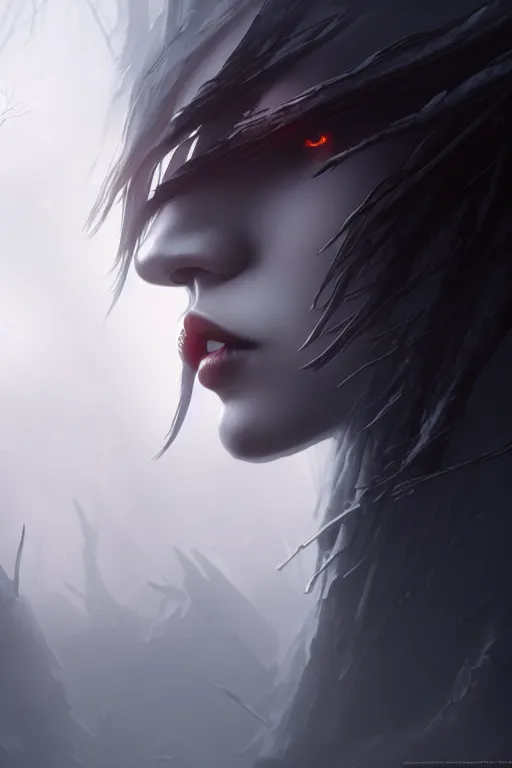 Prompt: Full shot, dramatic volumetric sunlight foggy atmospheric forest canopy scenery, girl with vampire-fangs clad in modest hide leather armor, hyperdetailed, symmetrical face, Rule of Thirds, concept art, artstation, cgsociety, 8k