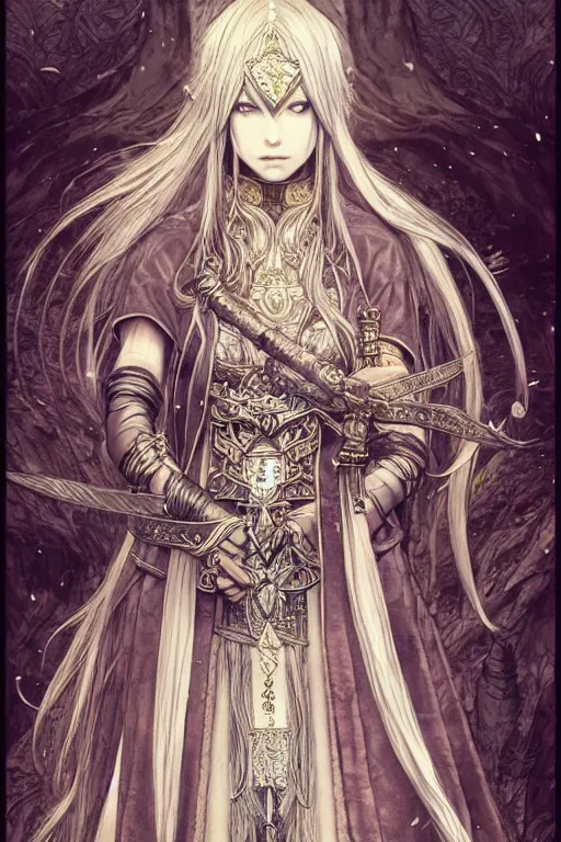 Prompt: A full body portrait of a female priestess with long silver hair by Akihiko Yoshida, fantasy, very detailed, tone mapping