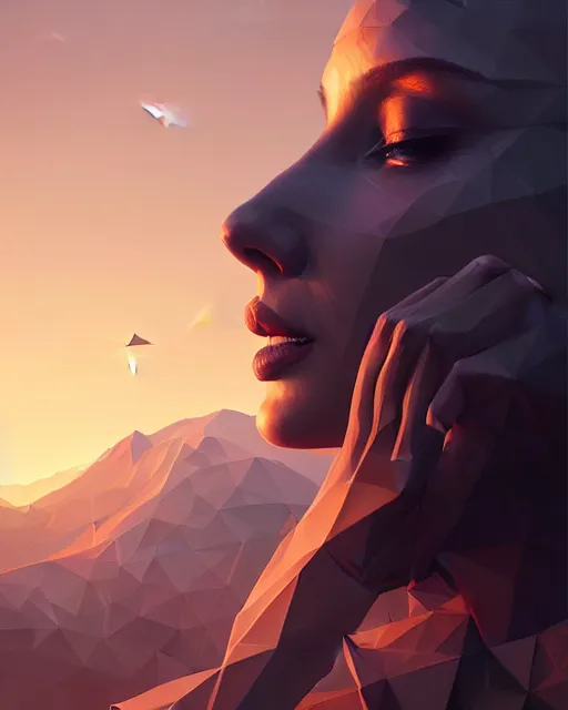 Image similar to summer evenings in the low - poly hills, diffuse lighting, intricate, elegant, highly detailed, lifelike, photorealistic, digital painting, artstation, illustration, concept art, smooth, sharp focus, by greg rutkowski, valentina remenar and asher duran,