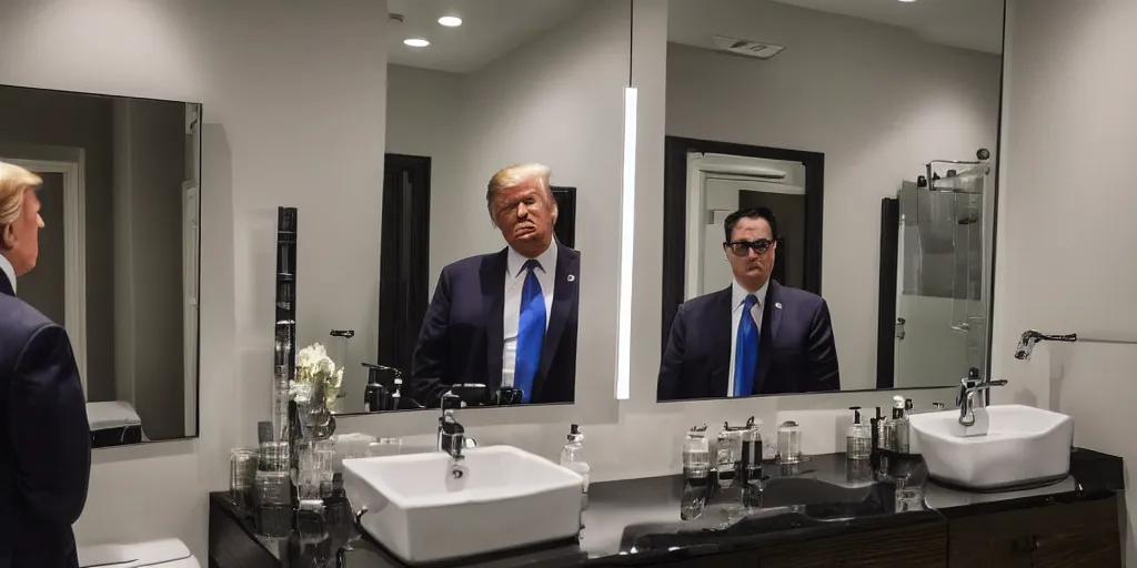 Prompt: ultra wide angle photo of donald trump dressed in a a green flannel shirt and black dress pants as clark kent looking at himself in a bathroom mirror and seeing his reflection as superman