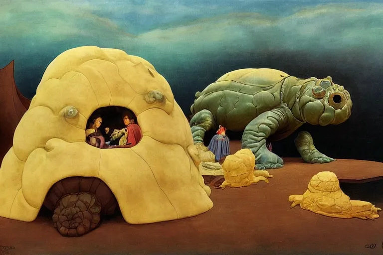 Image similar to a palanquin on top of a giant tardigrade retro japanese monster slimy leather, extra wide, oil painting, 7 0 s vintage art, by georgia o keeffe, by gustave dore, by frank frazetta, nausicaa