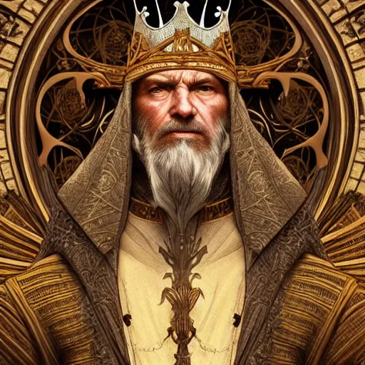 Image similar to ultra realistic illustration of a medieval old king, intricate, elegant, highly detailed, digital painting, artstation, concept art, smooth, sharp focus, illustration, art by artgerm and greg rutkowski and alphonse mucha