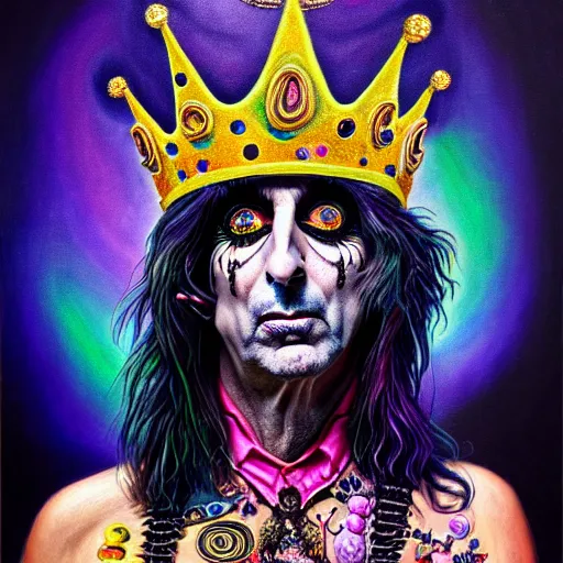 Image similar to An extremely psychedelic portrait of Alice Cooper wearing a crown, surreal, LSD, face, detailed, intricate, elegant, lithe, highly detailed, digital painting, artstation, concept art, smooth, sharp focus, illustration