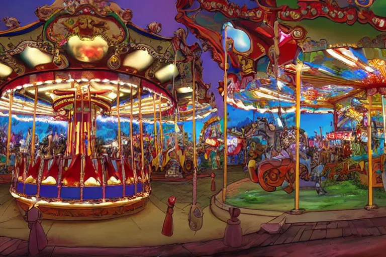 Image similar to wide angle shot of a fantasy carousel in the style of studio ghibli, makoto shinkai