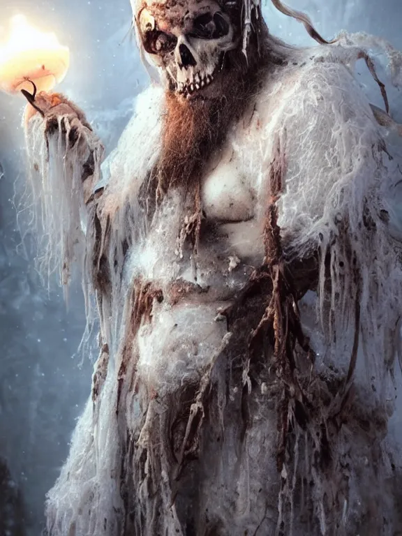 Image similar to fine painting of the white shaman of death from an ancient ice planet culture with mushrooms, candlelight, 8 k, ultra realistic, lens flare, atmosphere, glow, detailed, intricate, full of colour, cinematic lighting, trending on artstation, 4 k, hyperrealistic, focused, extreme details, unreal engine 5, cinematic, masterpiece