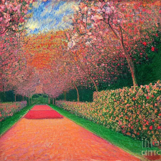 Prompt: clay tennis courts lined with flower laden hedges, impressionistic painting