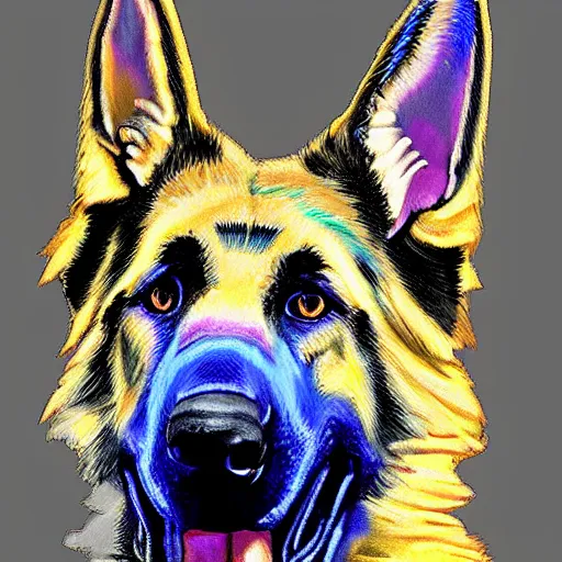 Image similar to german shepherd fursona with a rainbow tail, photo realistic, beautiful, high detail, trending on artstation.