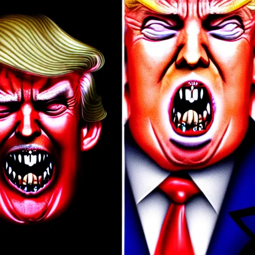 Prompt: donald trump dracula, fangs, character portrait, close up, concept art, intricate details, hyper realistic, in the style of otto dix and h. r giger