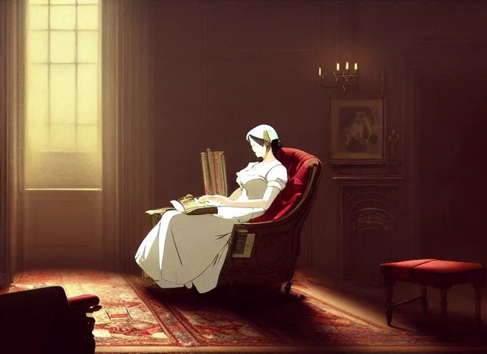 Image similar to victorian britain 1 8 3 5, adolecent florence nightingale reading in a chair in the drawing room of a english victorian manor light from a window on the left, finely detailed perfect art, gapmoe yandere grimdark, trending on pixiv fanbox, painted by greg rutkowski makoto shinkai takashi takeuchi studio ghibli