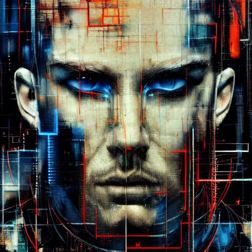 Prompt: hyperrealistic portrait of a cyberpunk man in cyberspace, by Guy Denning, Johannes Itten, Russ Mills, hacking effects, smooth, detailed lines, color blocking!, acrylic on canvas, insane detail, intricate, front view, symmetrical, octane, concept art, abstract, artistic, 8k, cinematic, trending on artstation