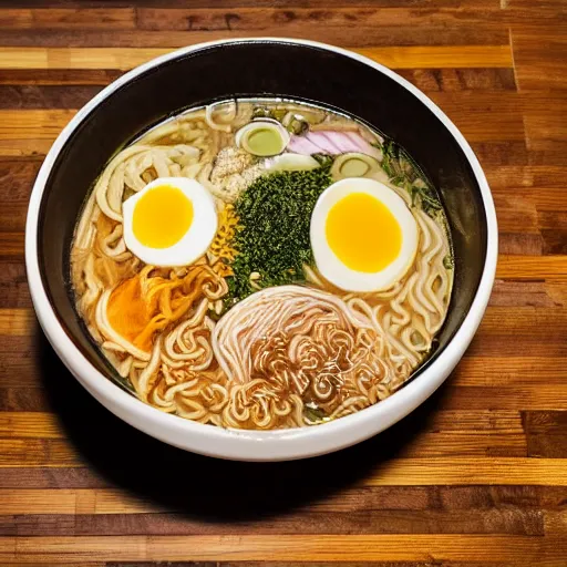 Prompt: high res bowl of ramen noodles sitting on a table in a restaurant 4k