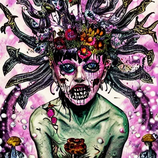 Prompt: cartoonish portrait of a punk rock zombie turning into flowers and mushrooms, covered in crystals and glitter, dramatic lighting, sculptural, intricate detail