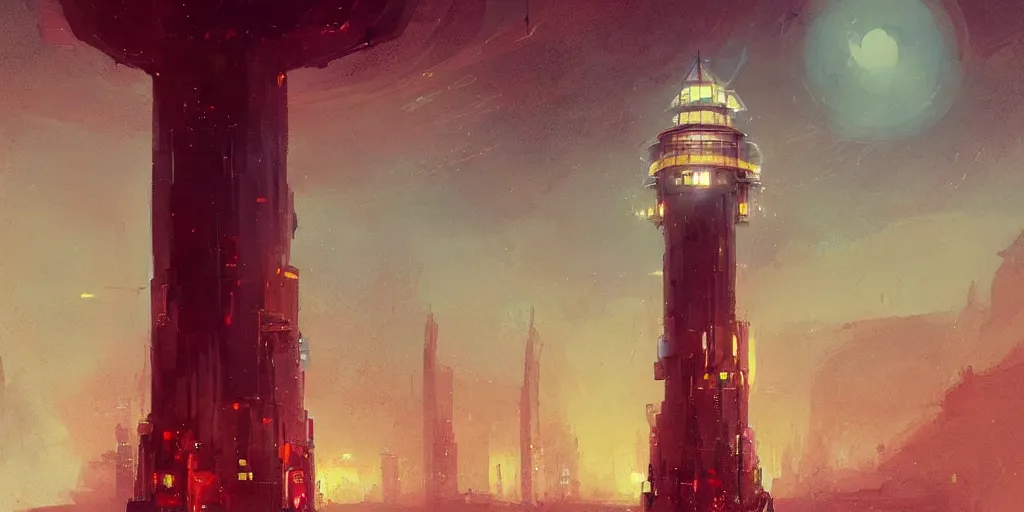 Image similar to concept art of a lone towering sci - fi lighthouse at the cape of a big city, grimy, gritty, blade runner 2 0 4 9, trending on artstation, award winning painting, cgi, art by john berkey and anton fadeev and john howe and simon stalenhag