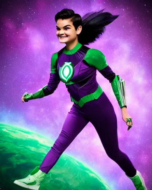 Prompt: photos of beautiful actress Brianna Hildebrand as the purple skinned Green Lantern soranik natu as she soars thru outer space, Brianna Hildebrand, photogenic, purple skin, short black pixie like hair, particle effects, photography, studio lighting, cinematic