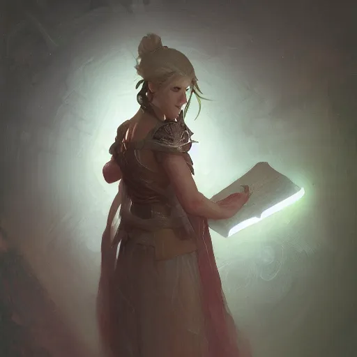 Prompt: concept illustration of an ancient glowing spellbook. glowing light, intricate, elegant, digital painting, concept art, smooth, sharp focus, illustration, from Metal Gear, by Ruan Jia and Mandy Jurgens and Greg Rutkowski and William-Adolphe Bouguereau, Trending on Artstation, artgem