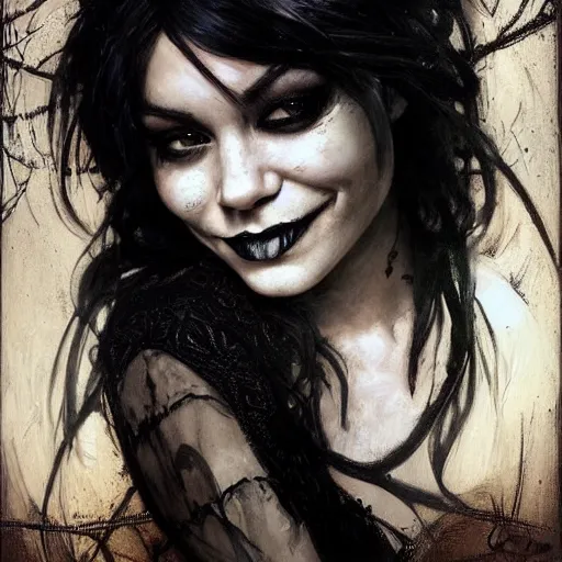 Image similar to beautiful portrait of vanessa hudgens as death from sandman, smiling, by cedric peyravernay, alphonse mucha, by jeremy mann, by lecouffe deharme, goth chic, soft lightning, eyeliner, punk rock, high detailed, 8 k