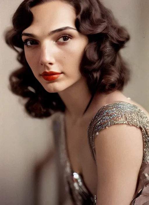 Prompt: kodak portra 4 0 0, 8 k, highly detailed, britt marling style 3 / 4 photographic close - up face of a beautiful gal gadot with 1 9 2 0 s hairstyle, 1 9 2 0, 1 9 2 0 s style, symmetrical, hasselblad x 1 d - 5 0 c, medium format. soft light