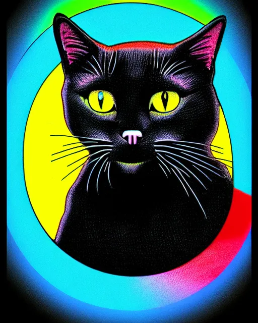 Prompt: chromatic aberration, drawing of a black cat, retro, vintage, cool, unique, interesting, original, vhs quality, adult swim, graphic