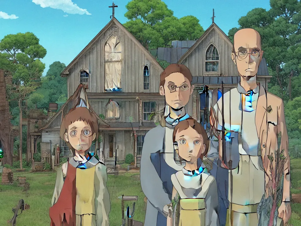 Prompt: american gothic in detailed studio ghibli anime style