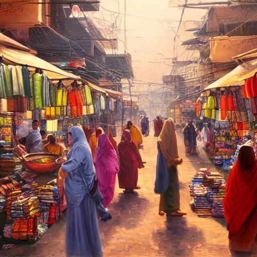 Image similar to bazaar in delhi. art by salman toor. faithfully depicted facial expression, perfect anatomy, sharp focus, global illumination, radiant light, detailed and intricate environment, trending on artstation