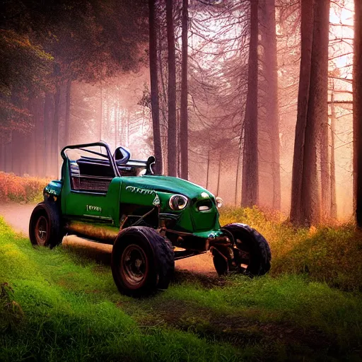 Image similar to amazing landscape photo of an off road buggy with a smiling driver inside inside a forest by marc adamus, beautiful dramatic lighting