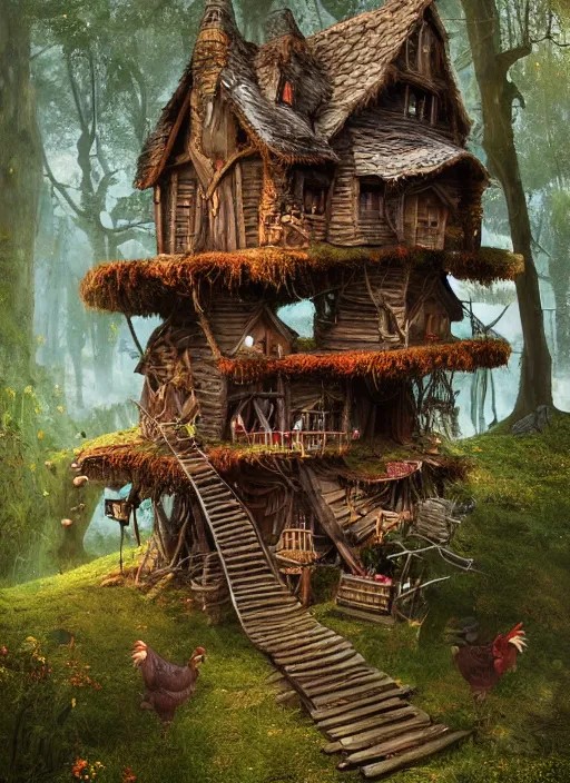 Image similar to highly detailed matte painting of the baba yaga witch's shack on top of on tall chicken legs with feet so it can walk around, in the mountain woodlands, witch with her broomstick, 8 k resolution, by android jones