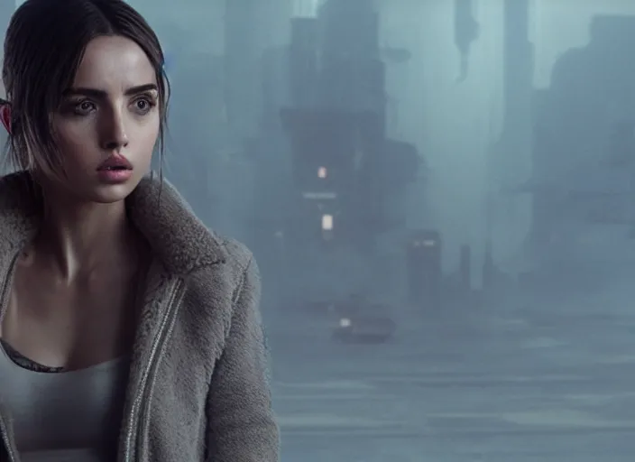 Image similar to Ana de Armas in blade runner 2049, with laser cannon 8k trending on artstation, unreal engine