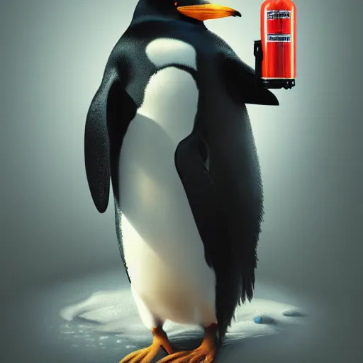 Prompt: a hyperrealistic render of a penguin disguised as a fire extinguisher, by wlop, artgerm, greg rutkowski, alphonse mucha, beautiful dynamic dramatic dark moody lighting, shadows, cinematic atmosphere, artstation, concept design art, octane render, 8 k